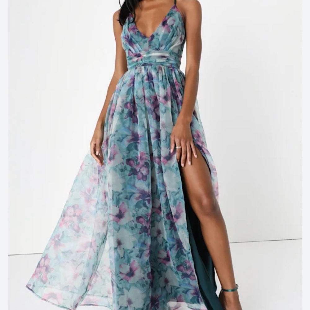 Lulu's Floral Romance That Wows Dark Teal Floral Print Organza size S